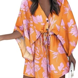 Womens Mini Sundress Beach Wrap Floral Print V-Neck Ladies Summer Orange Light